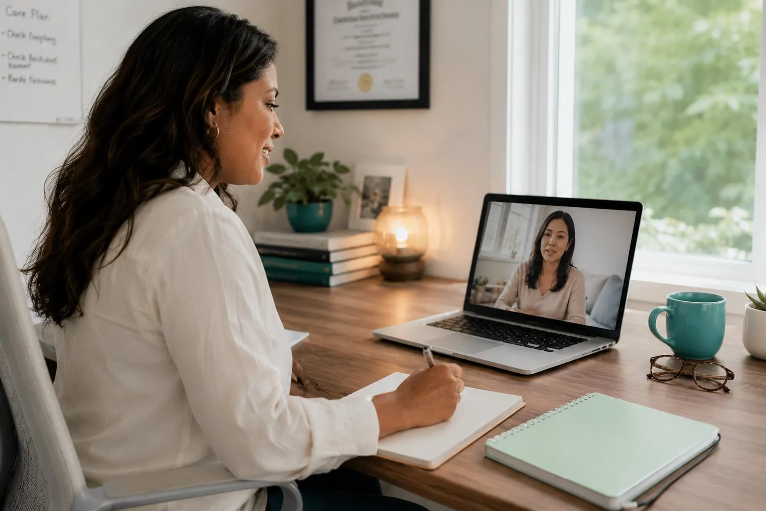 a clinician reviewing a care plan on a laptop during a calm video visit