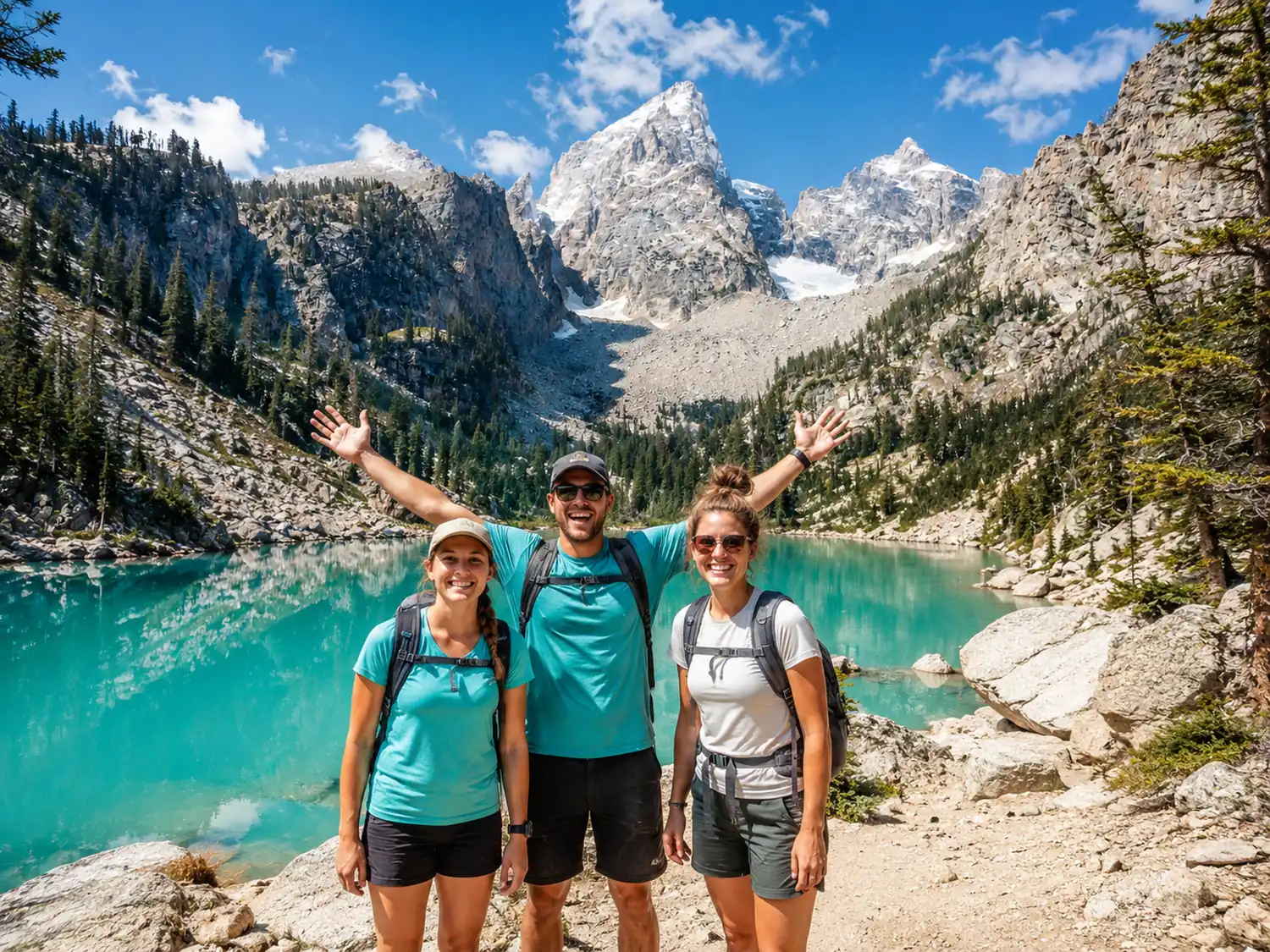Three hikers in teal shirts celebrate reaching an alpine lake, arms open wide to the mountains Three hikers in teal shirts celebrate reaching an alpine lake, arms open wide to the mountains
