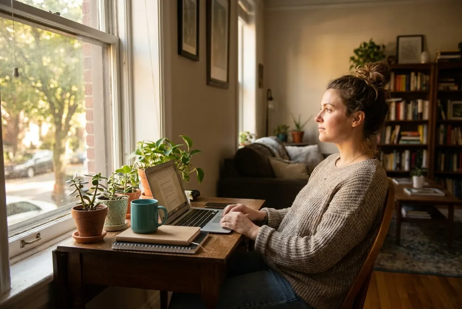 Woman pausing from her laptop at a home desk by a window in soft morning light, a single teal mug nearby Woman pausing from her laptop at a home desk by a window in soft morning light, a single teal mug nearby