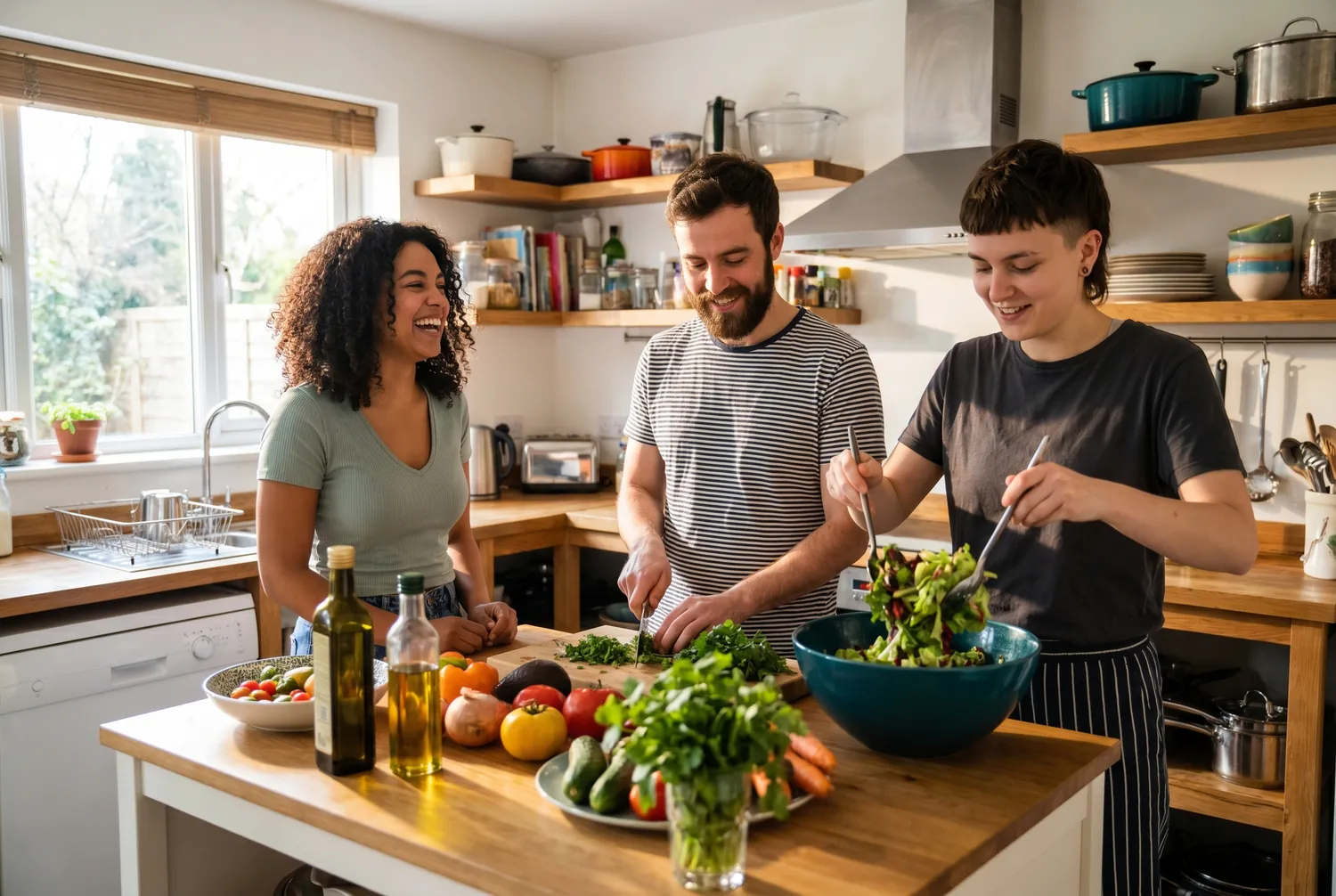 Three friends cooking a colorful balanced meal together in a bright kitchen with a deep teal mixing bowl Three friends cooking a colorful balanced meal together in a bright kitchen with a deep teal mixing bowl