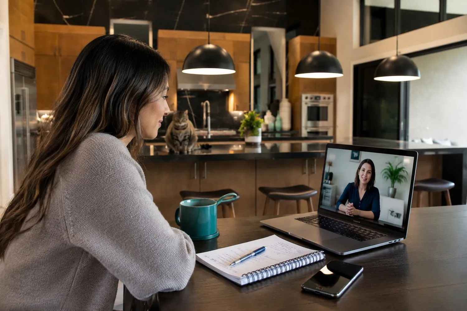 an adult and a clinician in a calm video session at a kitchen table an adult and a clinician in a calm video session at a kitchen table