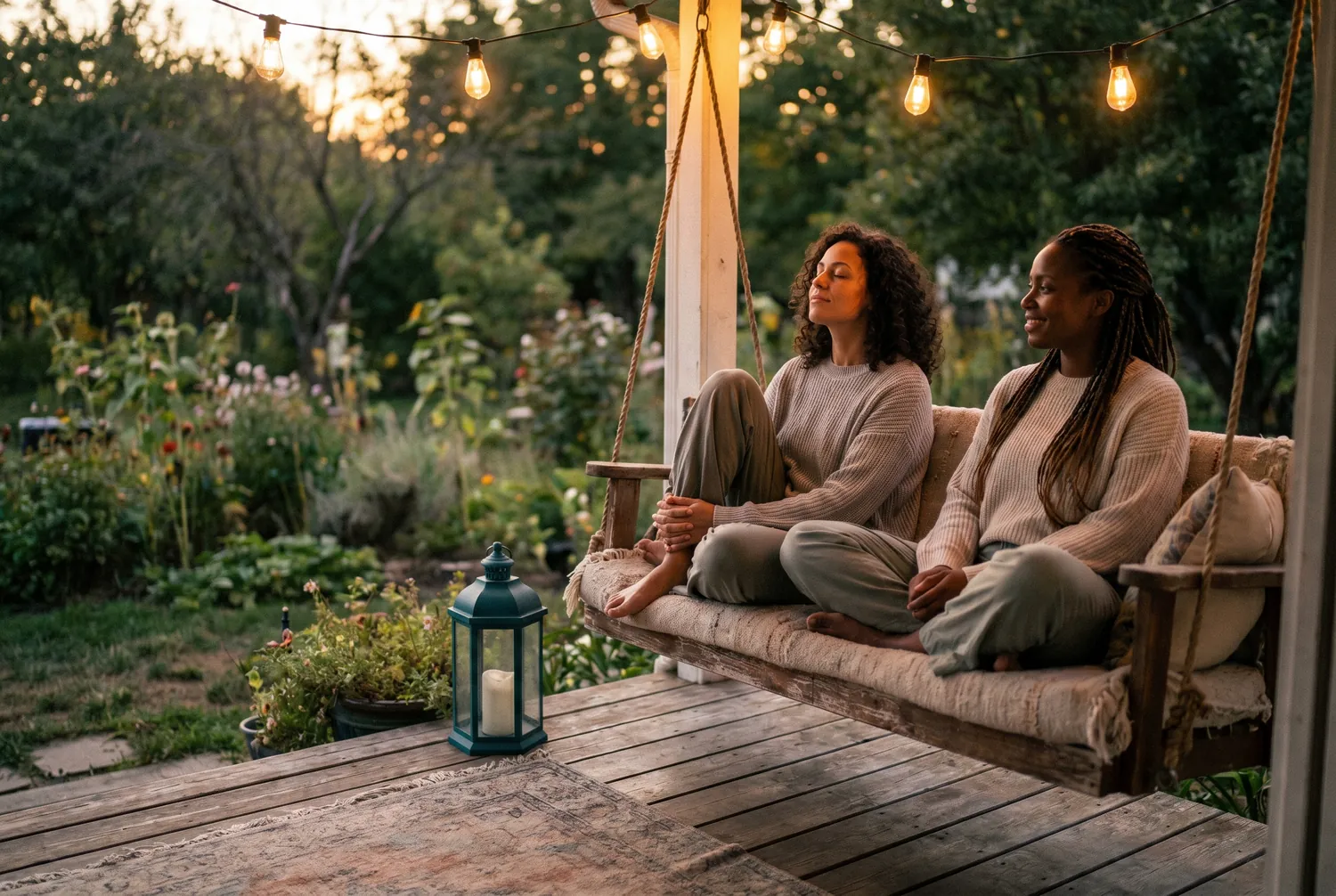 Two friends settled on a porch swing at dusk, at ease Two friends settled on a porch swing at dusk, at ease