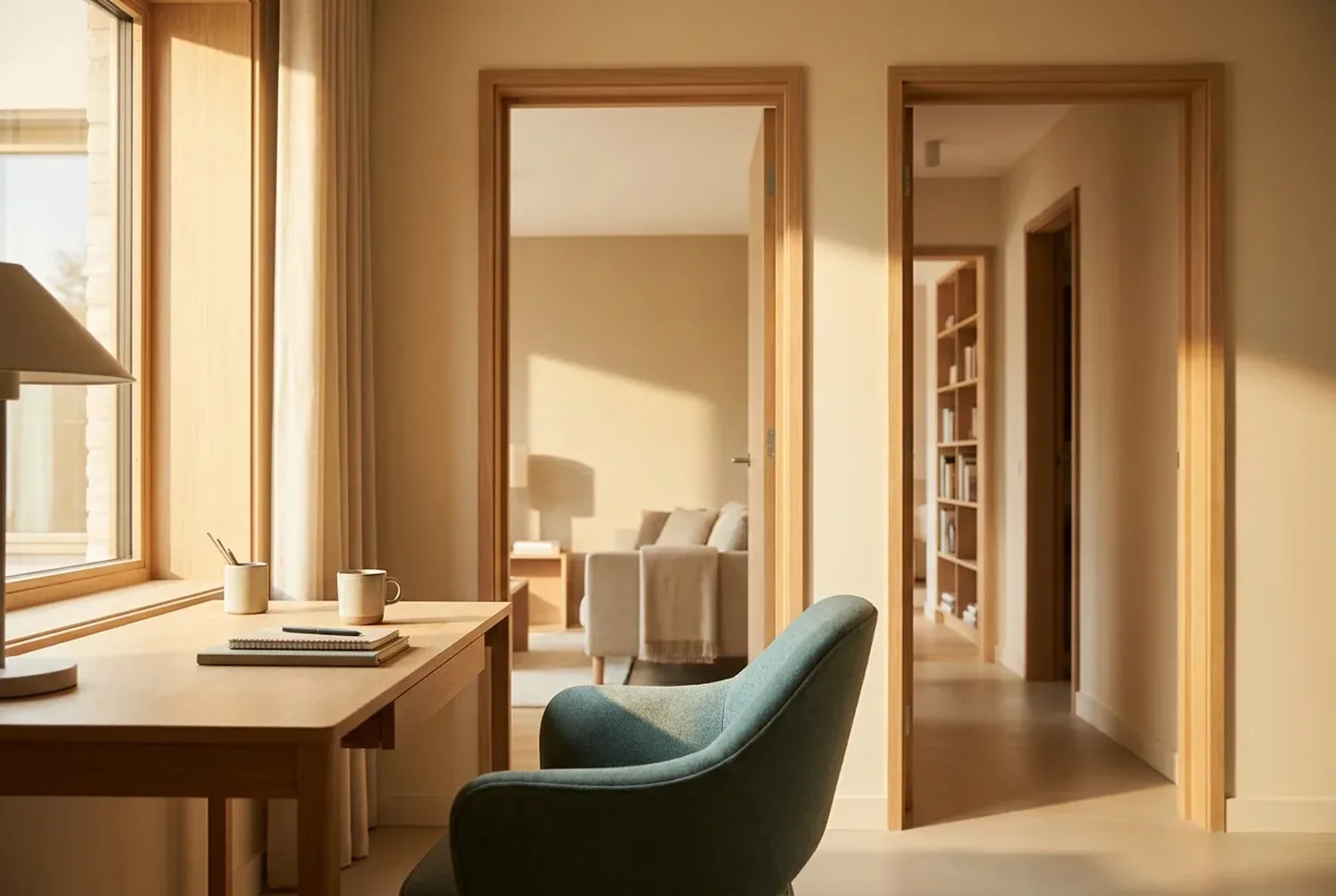 A calm home study with several open doorways leading to different bright rooms, suggesting connected paths A calm home study with several open doorways leading to different bright rooms, suggesting connected paths