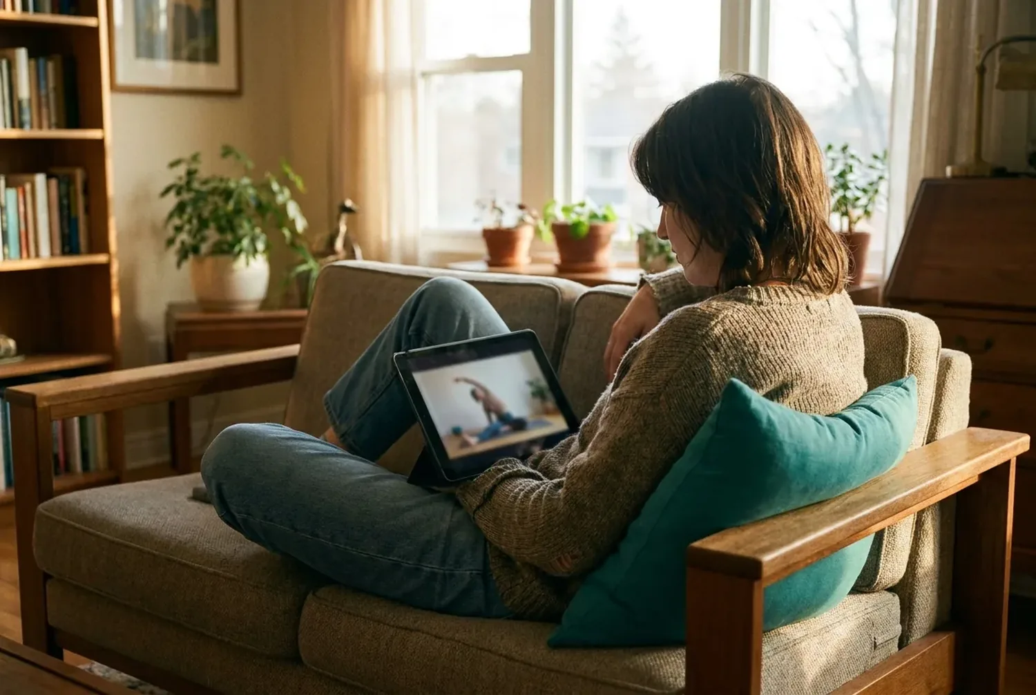 A person sitting calmly on a couch following a guided exercise on a tablet with a teal cushion nearby A person sitting calmly on a couch following a guided exercise on a tablet with a teal cushion nearby
