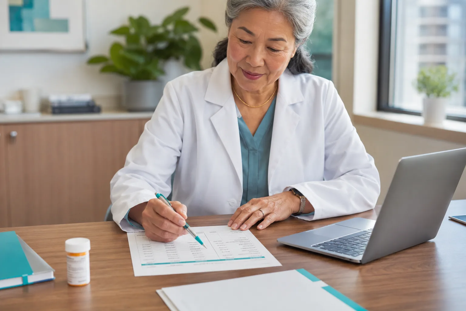 A clinician taking careful notes during a warm video consultation with a patient A clinician taking careful notes during a warm video consultation with a patient