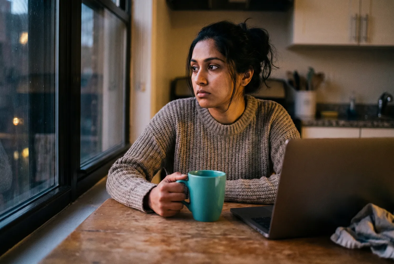 Woman sitting at a kitchen table at night with a teal mug, lost in thought after work Woman sitting at a kitchen table at night with a teal mug, lost in thought after work