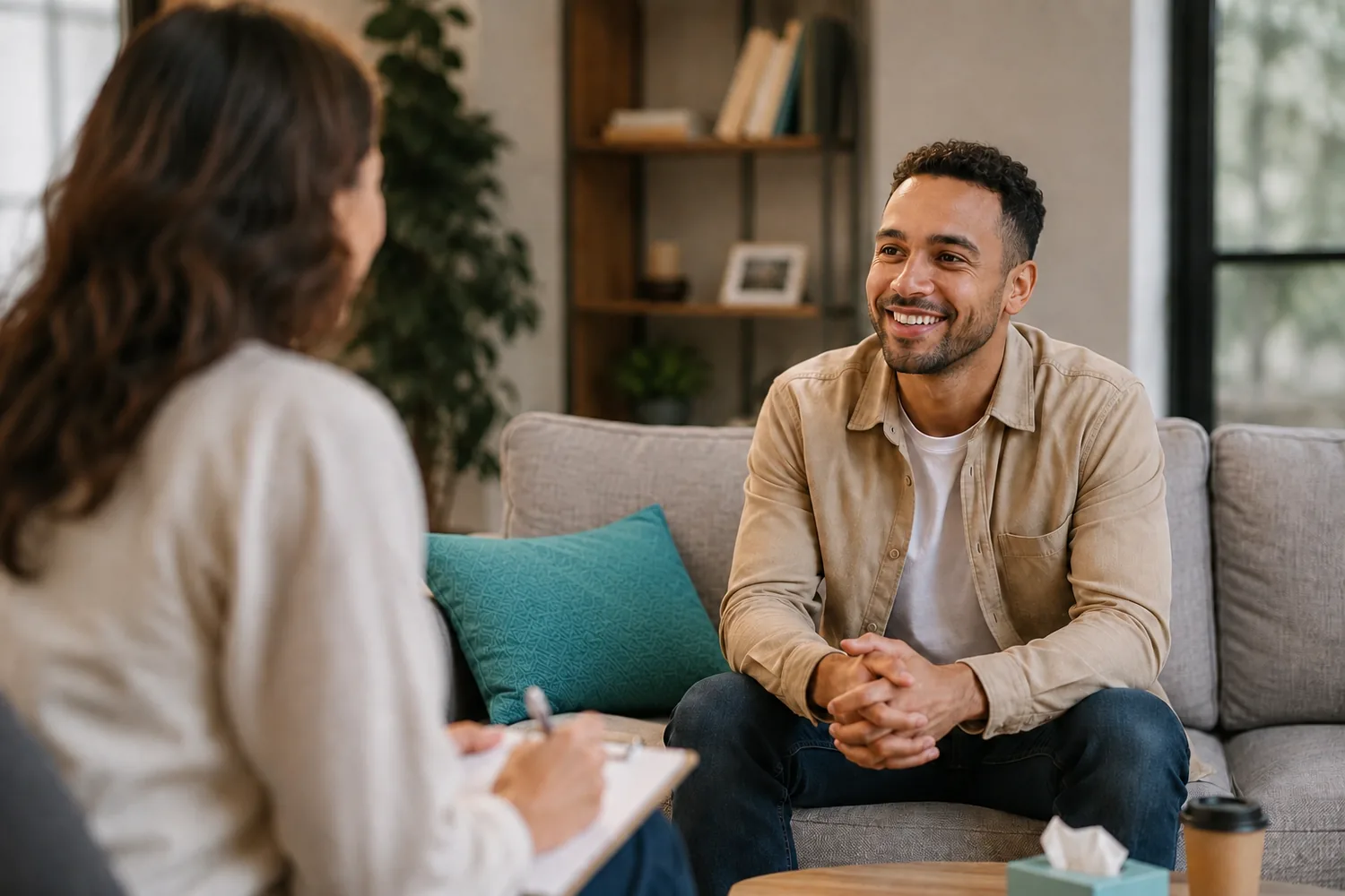 A relaxed man smiles during a conversation with a clinician, a teal pillow beside him on the couch A relaxed man smiles during a conversation with a clinician, a teal pillow beside him on the couch