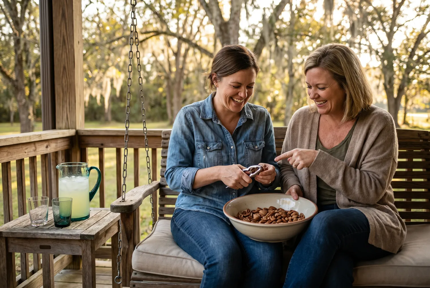 Shelling pecans on a porch swing in Albany, Georgia Shelling pecans on a porch swing in Albany, Georgia