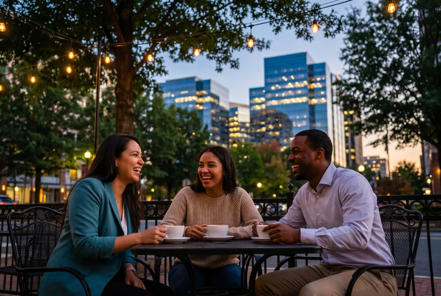 Friends over coffee at dusk with the Rosslyn skyline in Arlington, Virginia