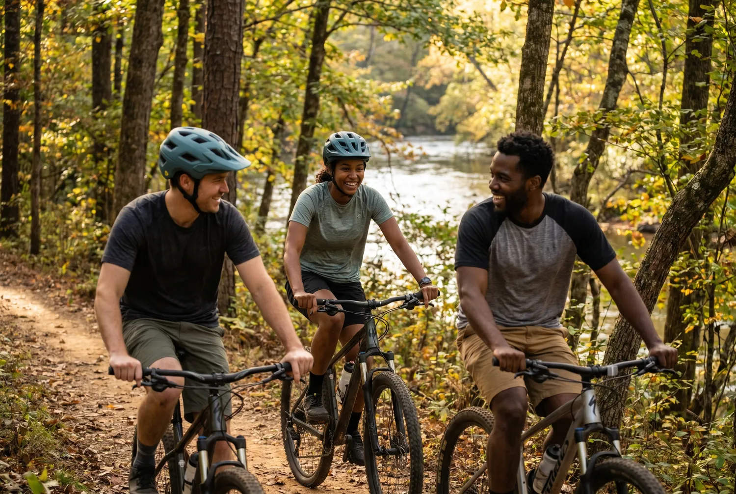 Mountain biking a wooded river trail in Athens, Georgia