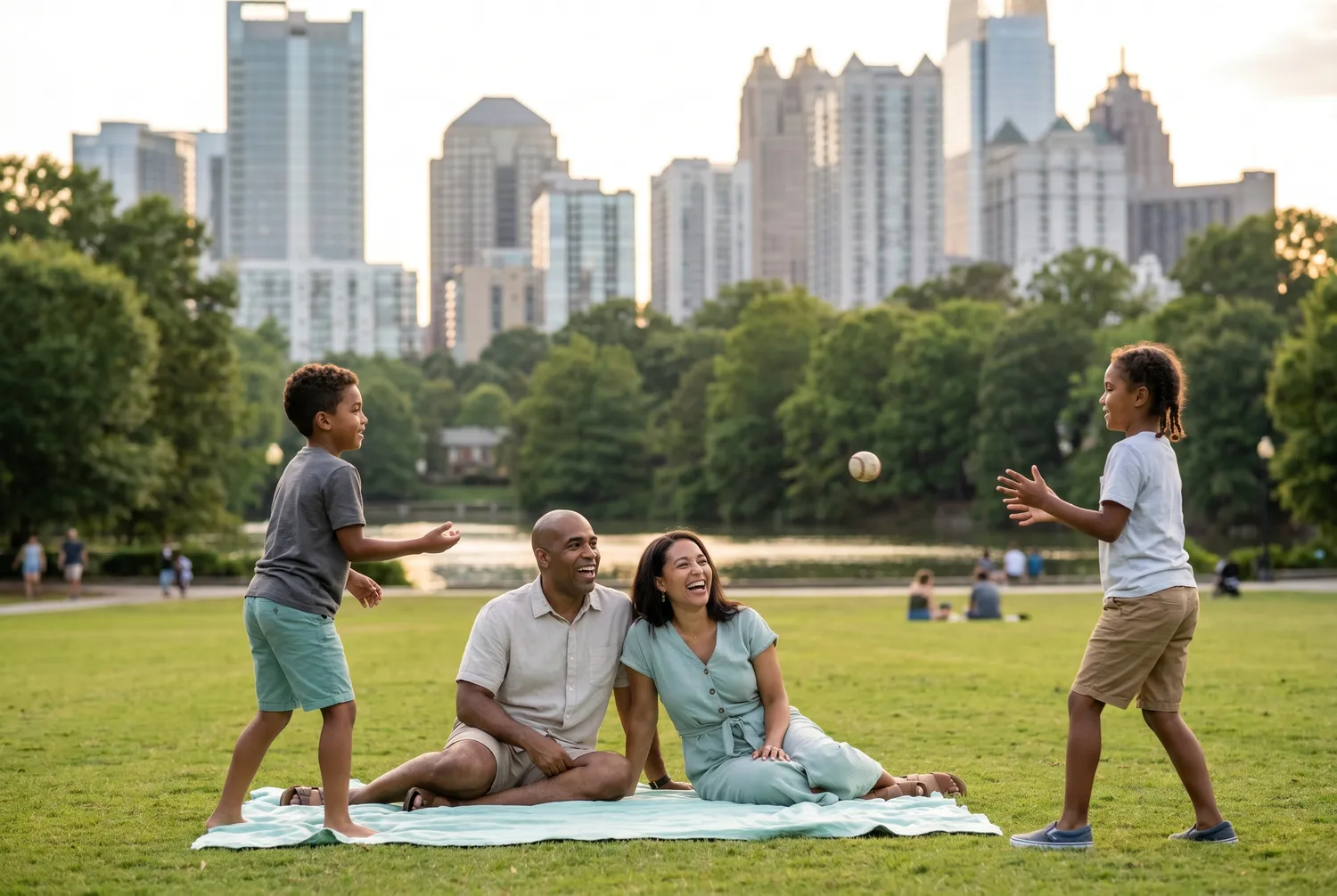 Family picnic at Piedmont Park with the Atlanta skyline Family picnic at Piedmont Park with the Atlanta skyline