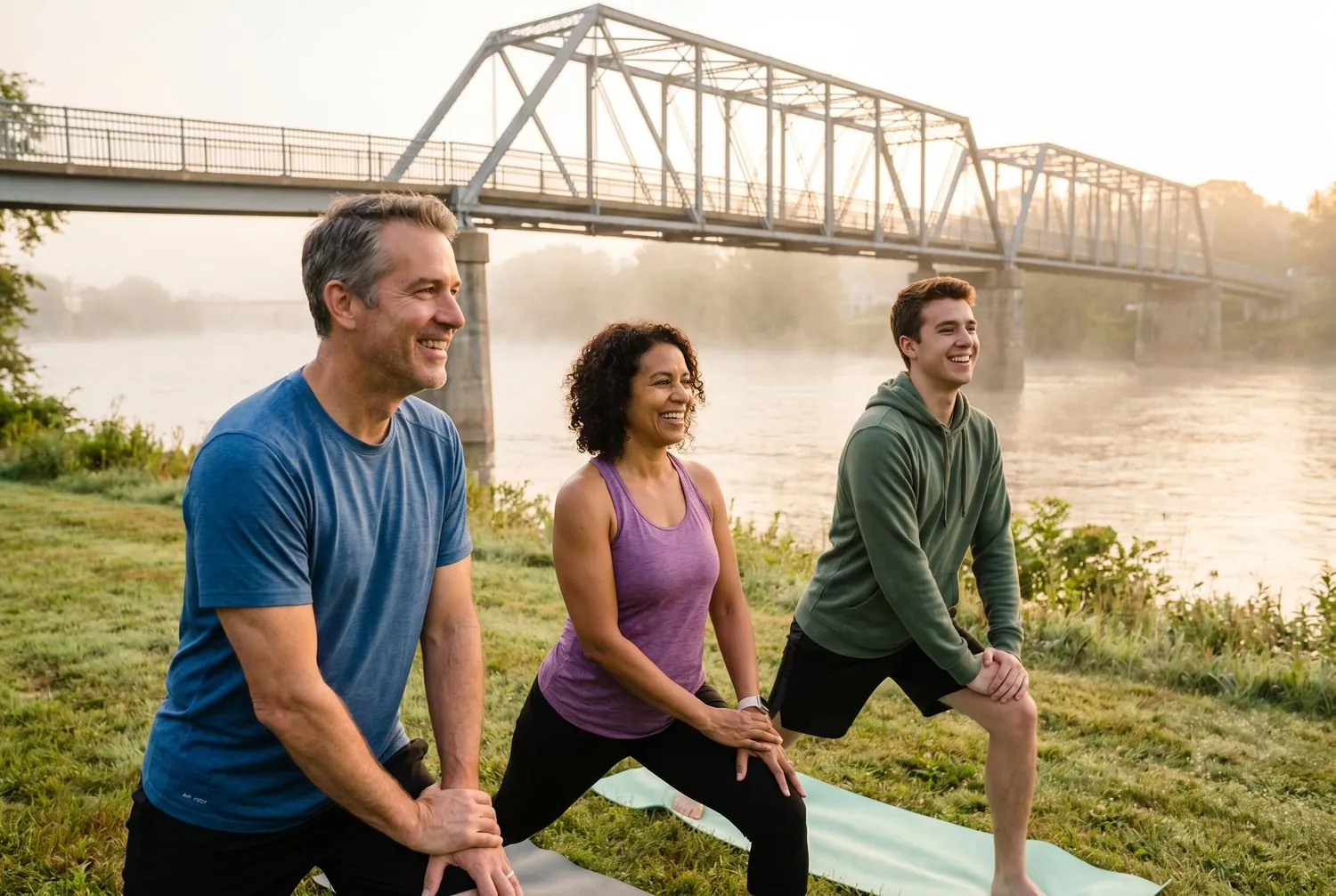 Morning yoga by the Androscoggin riverwalk in Auburn, Maine Morning yoga by the Androscoggin riverwalk in Auburn, Maine