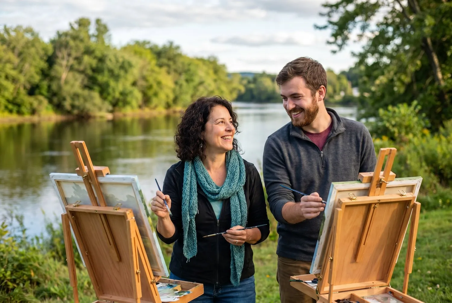 Two artists painting beside the Kennebec River in Augusta, Maine Two artists painting beside the Kennebec River in Augusta, Maine