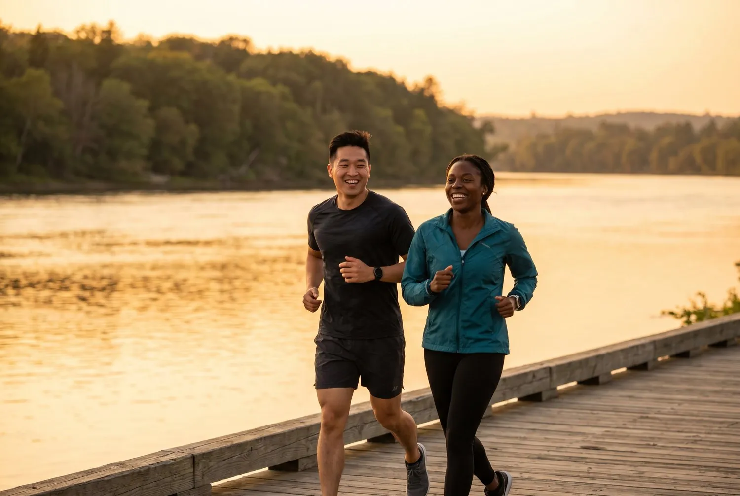 Two runners jogging the Bangor waterfront along the Penobscot River in Maine