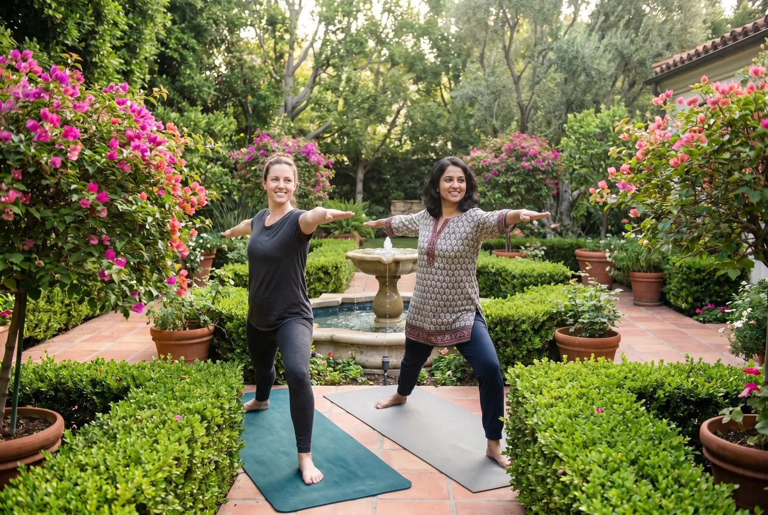 Morning yoga in a lush Beverly Hills garden