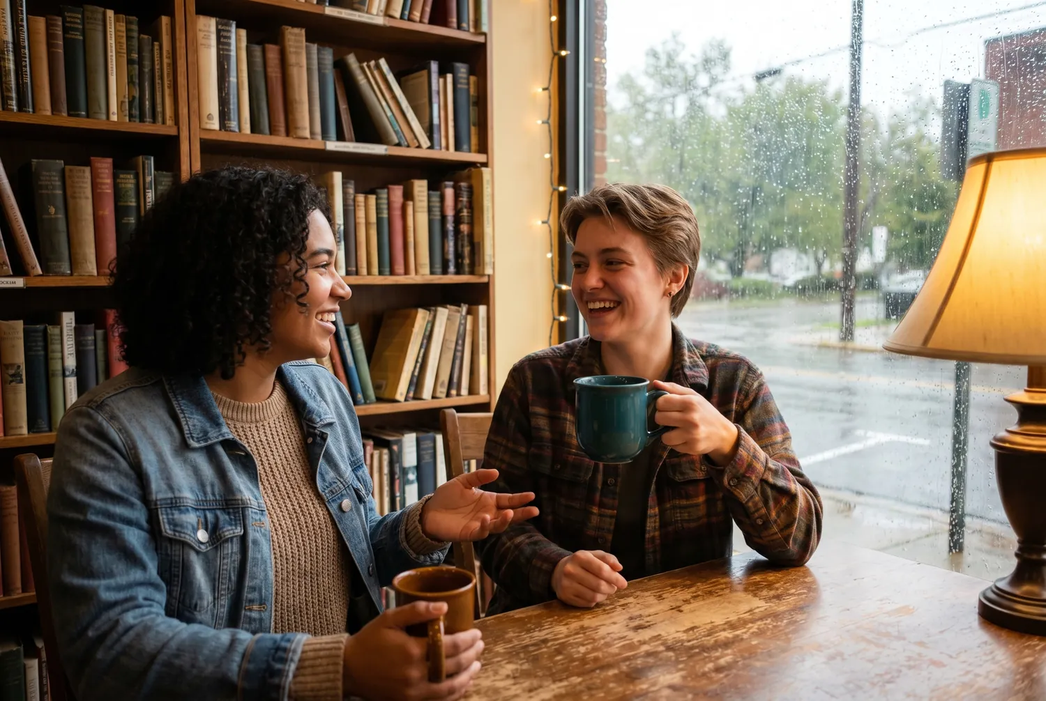 Coffee and conversation in a cozy Bloomington bookstore cafe