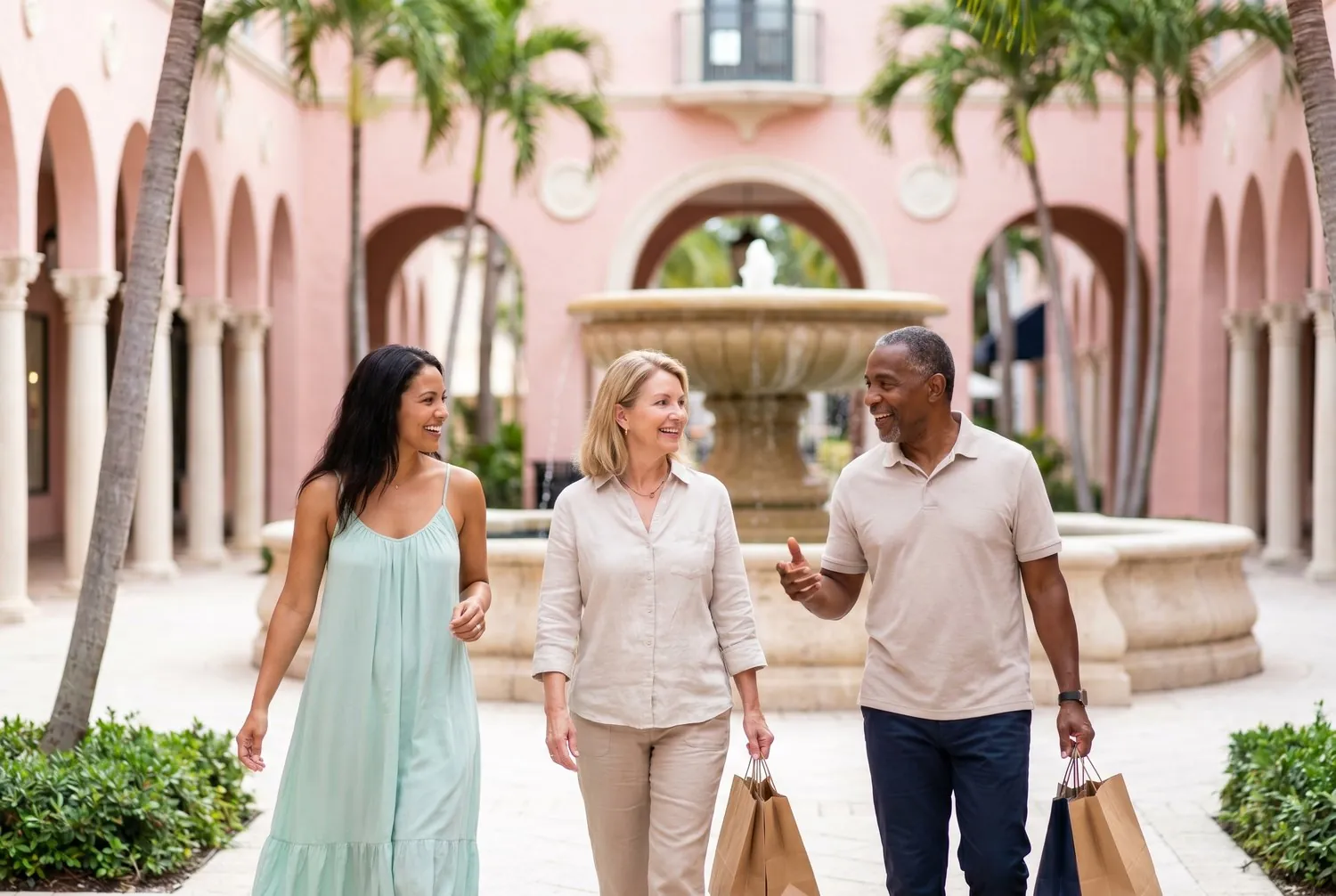 Friends strolling the Mizner Park courtyard in Boca Raton, Florida Friends strolling the Mizner Park courtyard in Boca Raton, Florida