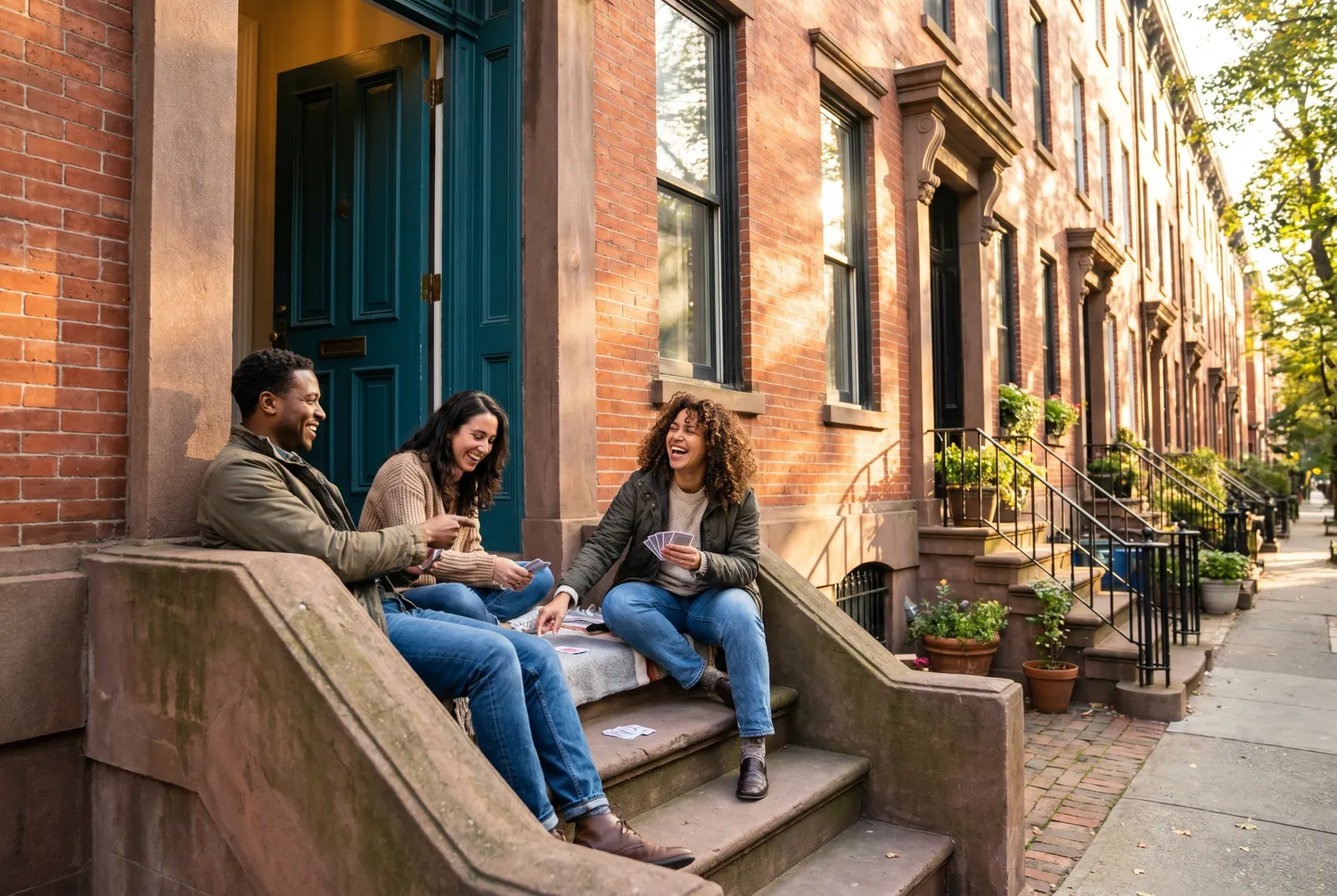 Friends playing cards on a Brooklyn brownstone stoop Friends playing cards on a Brooklyn brownstone stoop