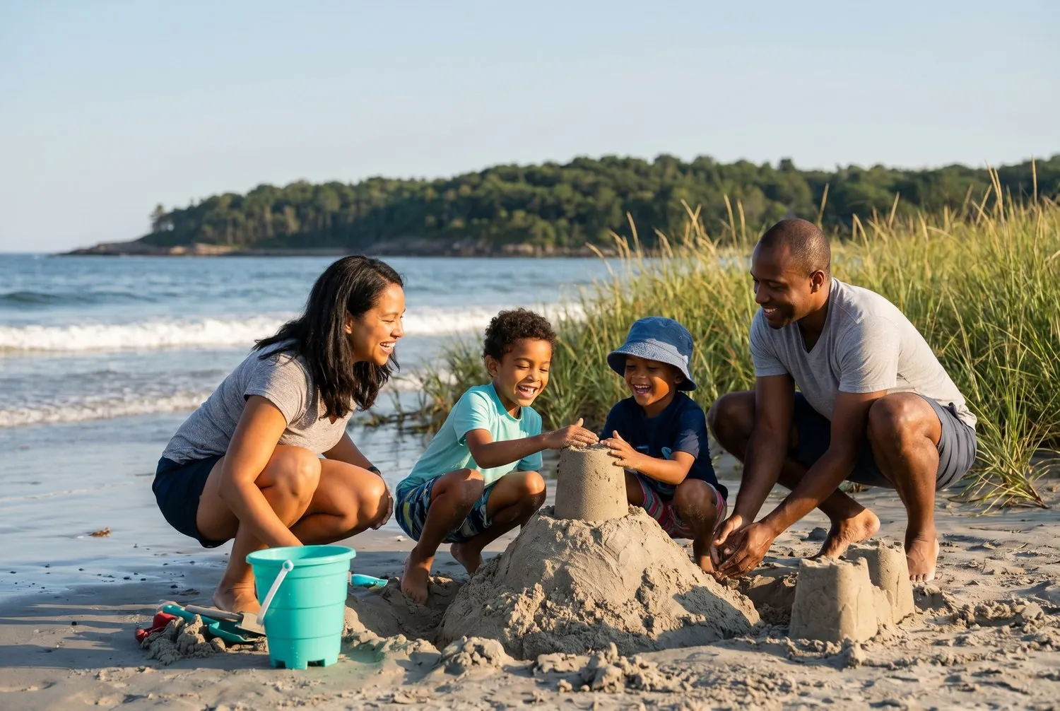 Family building a sandcastle at Crescent Beach in Cape Elizabeth, Maine Family building a sandcastle at Crescent Beach in Cape Elizabeth, Maine
