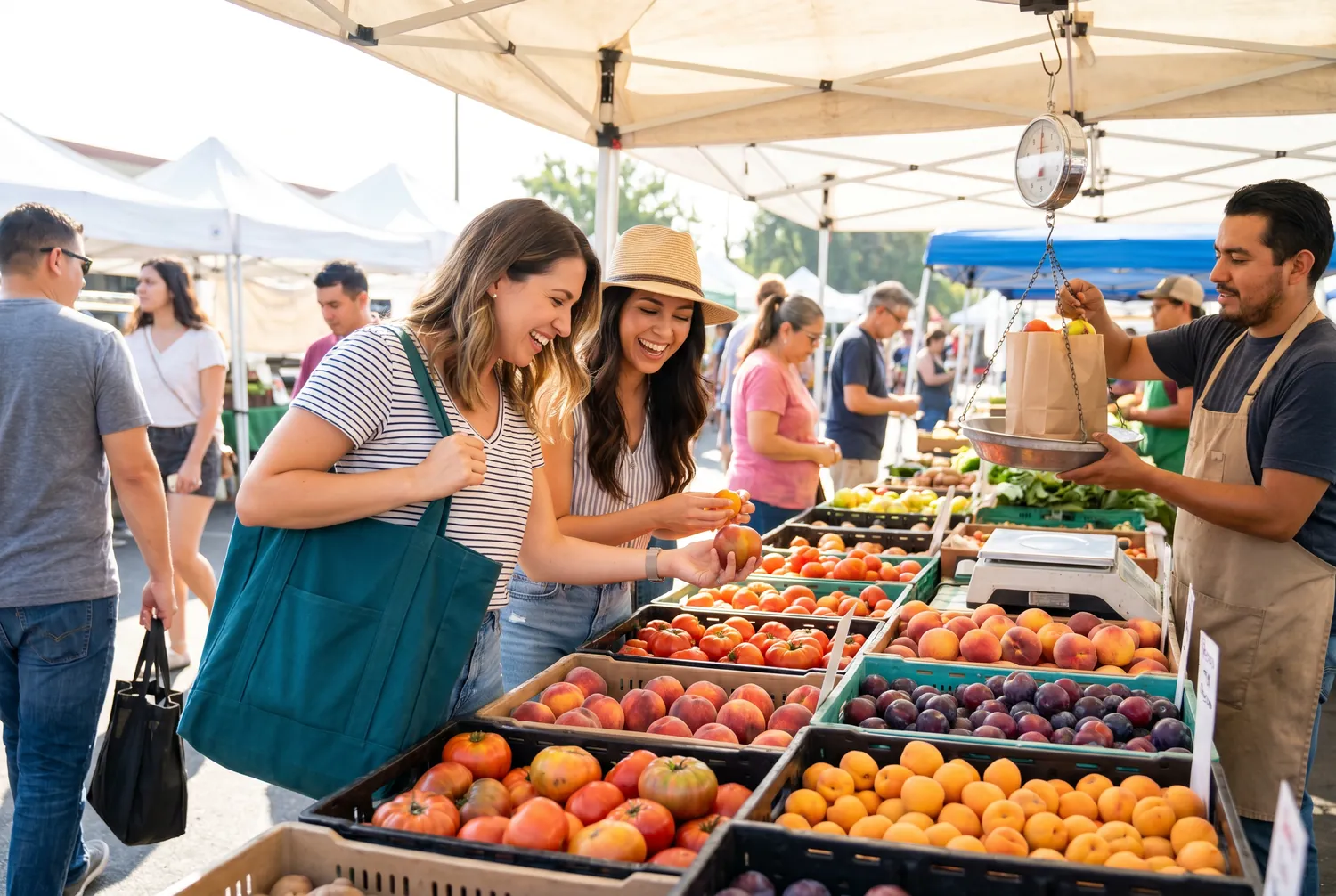 Choosing produce at a Fresno farmers market stall Choosing produce at a Fresno farmers market stall