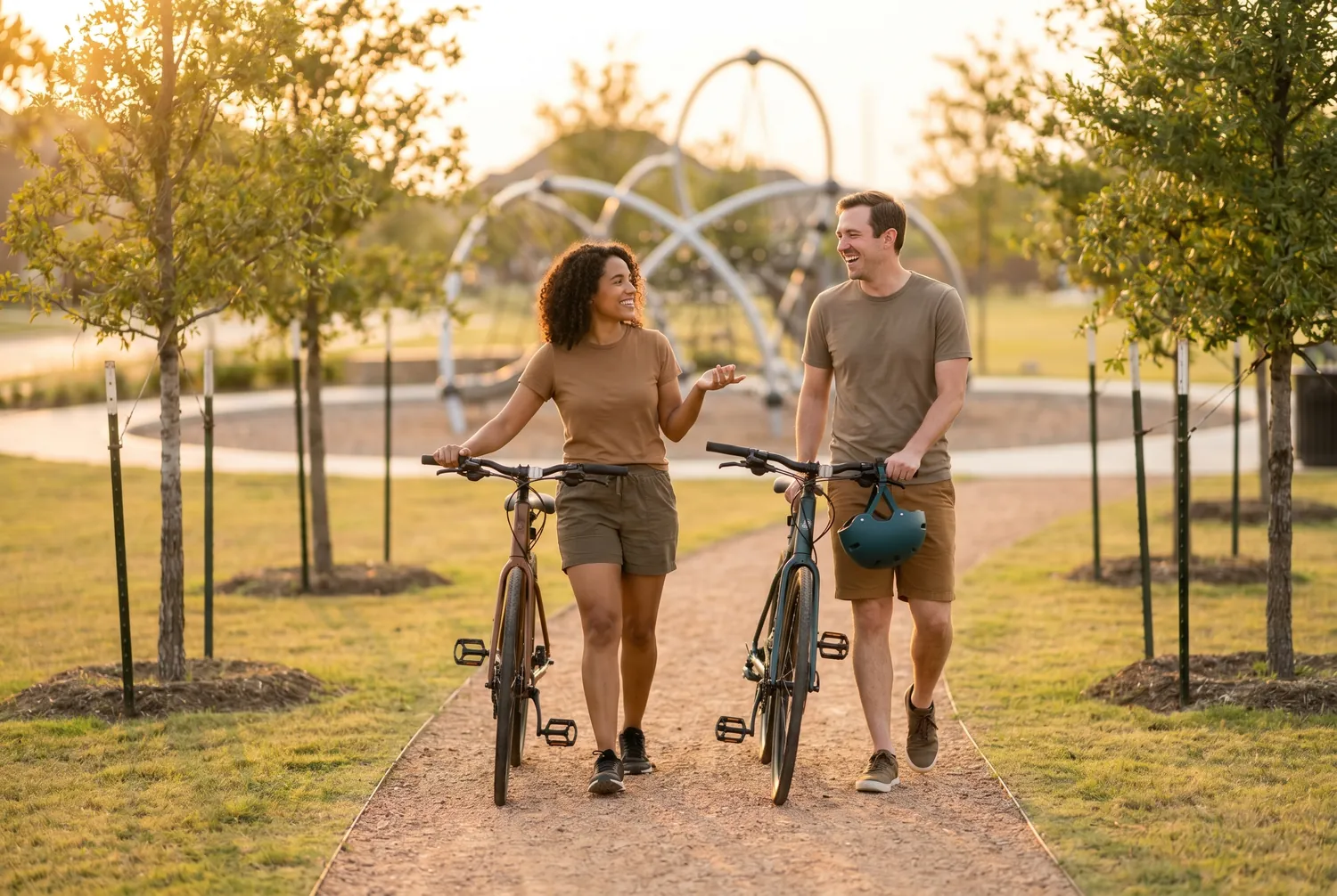 Couple walking bikes through a new Frisco neighborhood park at sunset