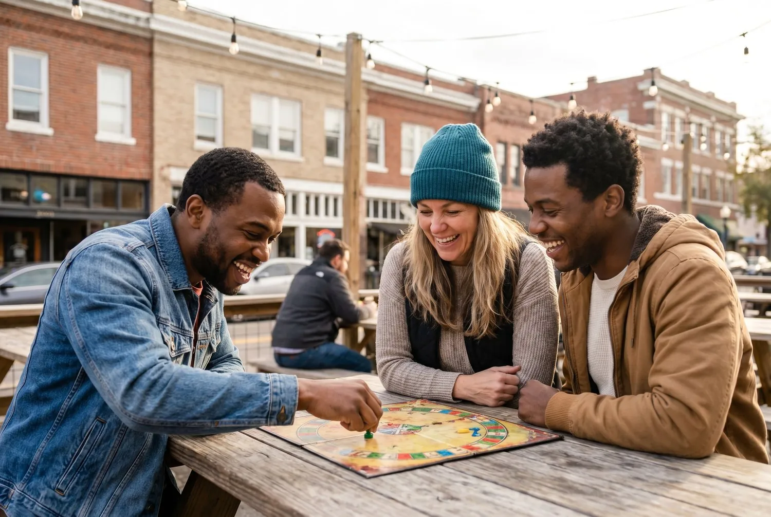 Friends playing a board game on a brewery patio in downtown Gainesville, Florida