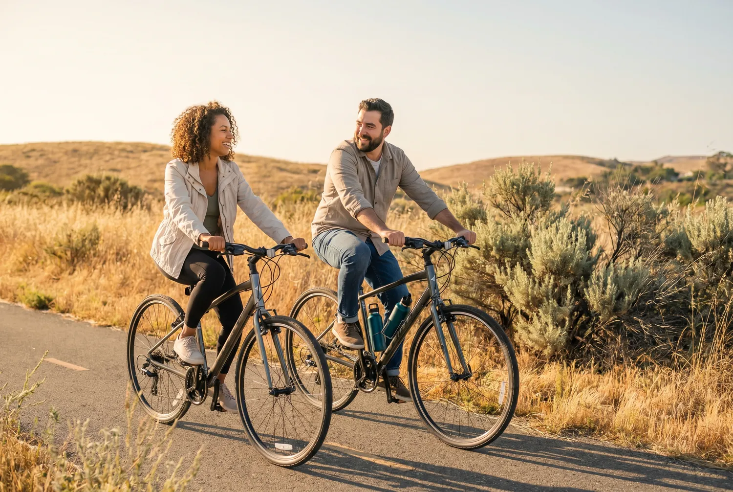 Two friends cycling an open-space trail through Irvine's golden hills