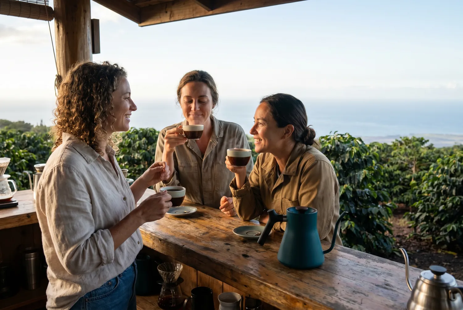 Coffee tasting on a Kona coffee farm above the coast Coffee tasting on a Kona coffee farm above the coast