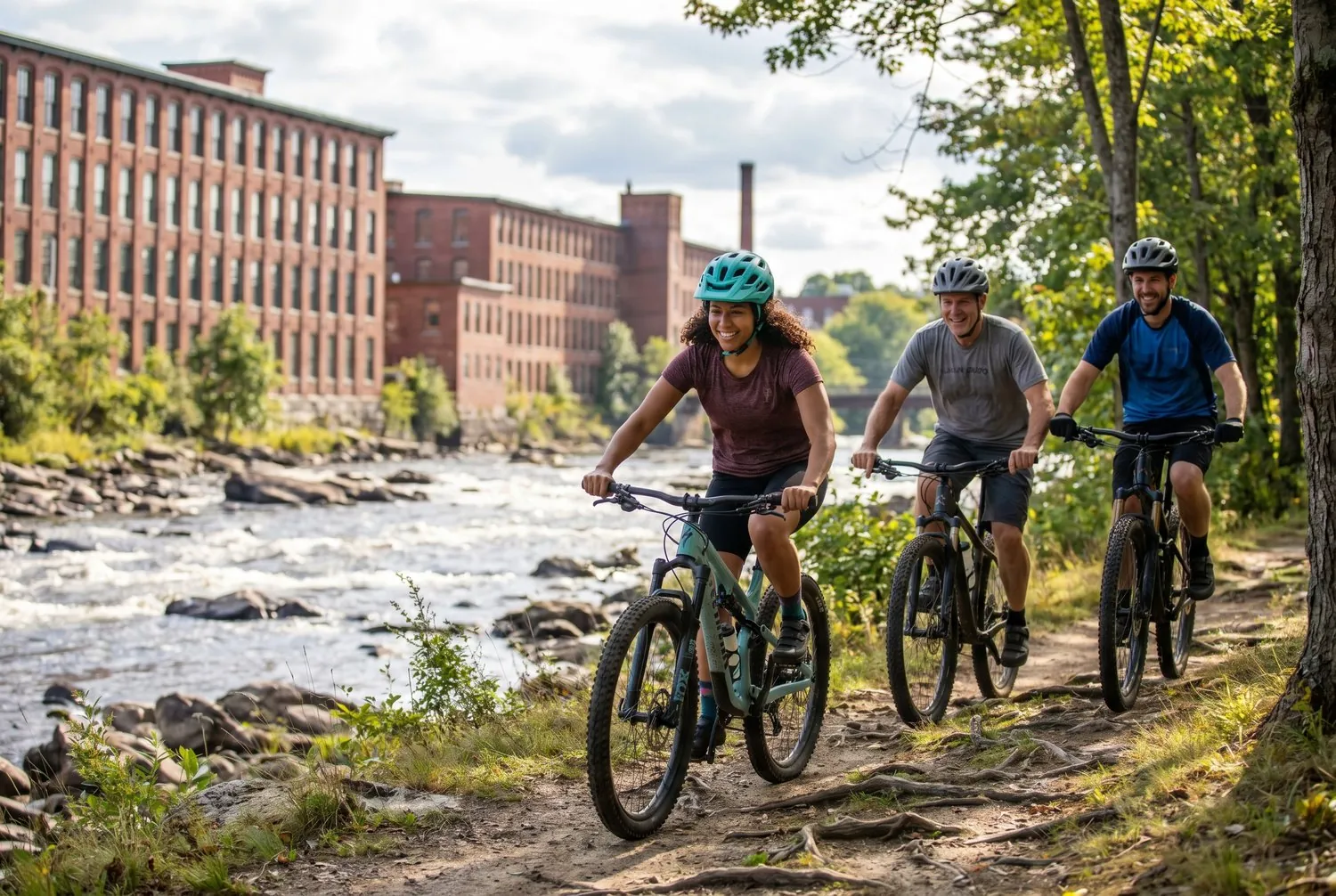 Mountain bikers on a riverside trail by the Androscoggin River mills in Lewiston, Maine Mountain bikers on a riverside trail by the Androscoggin River mills in Lewiston, Maine