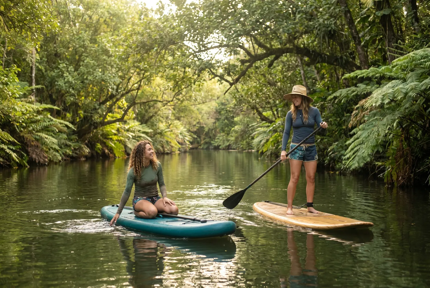 Paddleboarding a calm jungle river near Lihue, Kauai Paddleboarding a calm jungle river near Lihue, Kauai