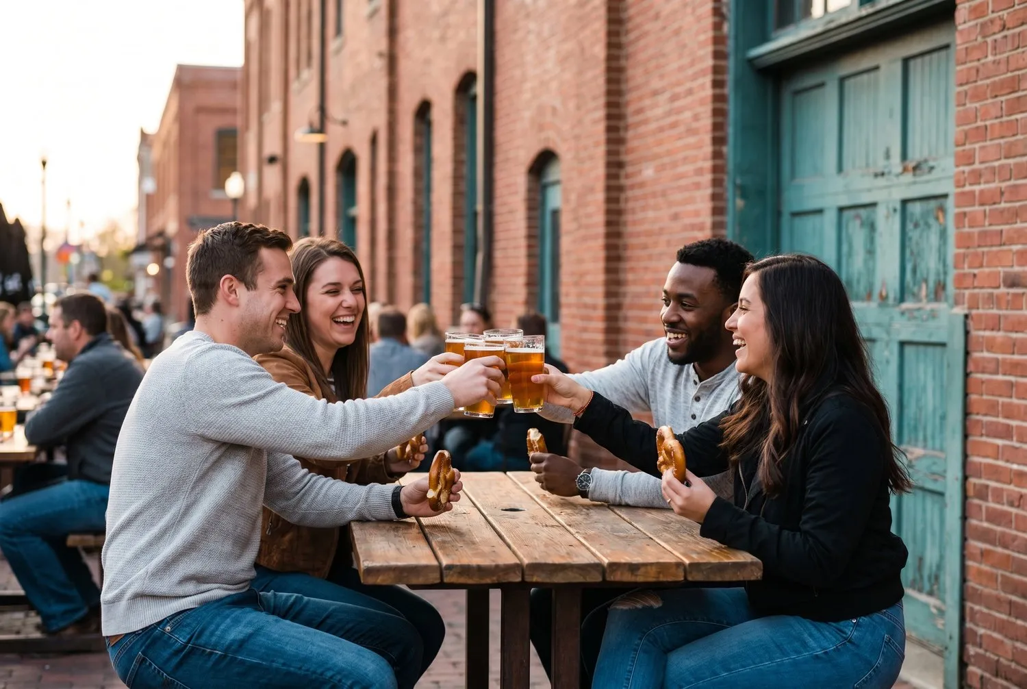 Friends on a patio in Lincoln Nebraska's Historic Haymarket district Friends on a patio in Lincoln Nebraska's Historic Haymarket district