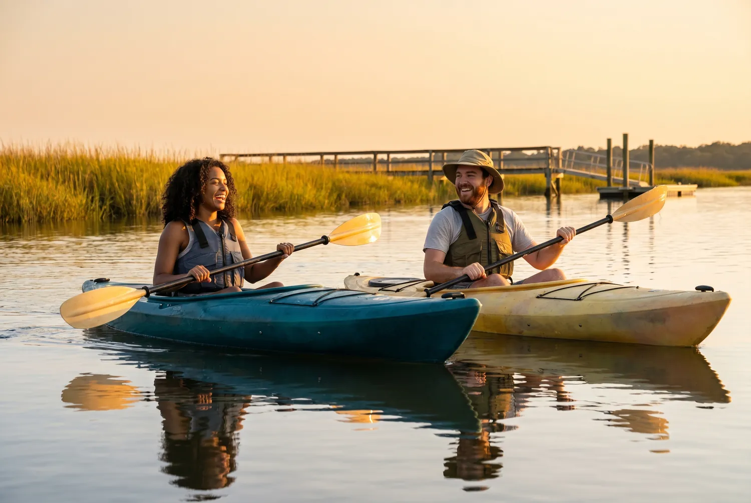 Two friends kayaking a calm Long Island bay at golden hour Two friends kayaking a calm Long Island bay at golden hour