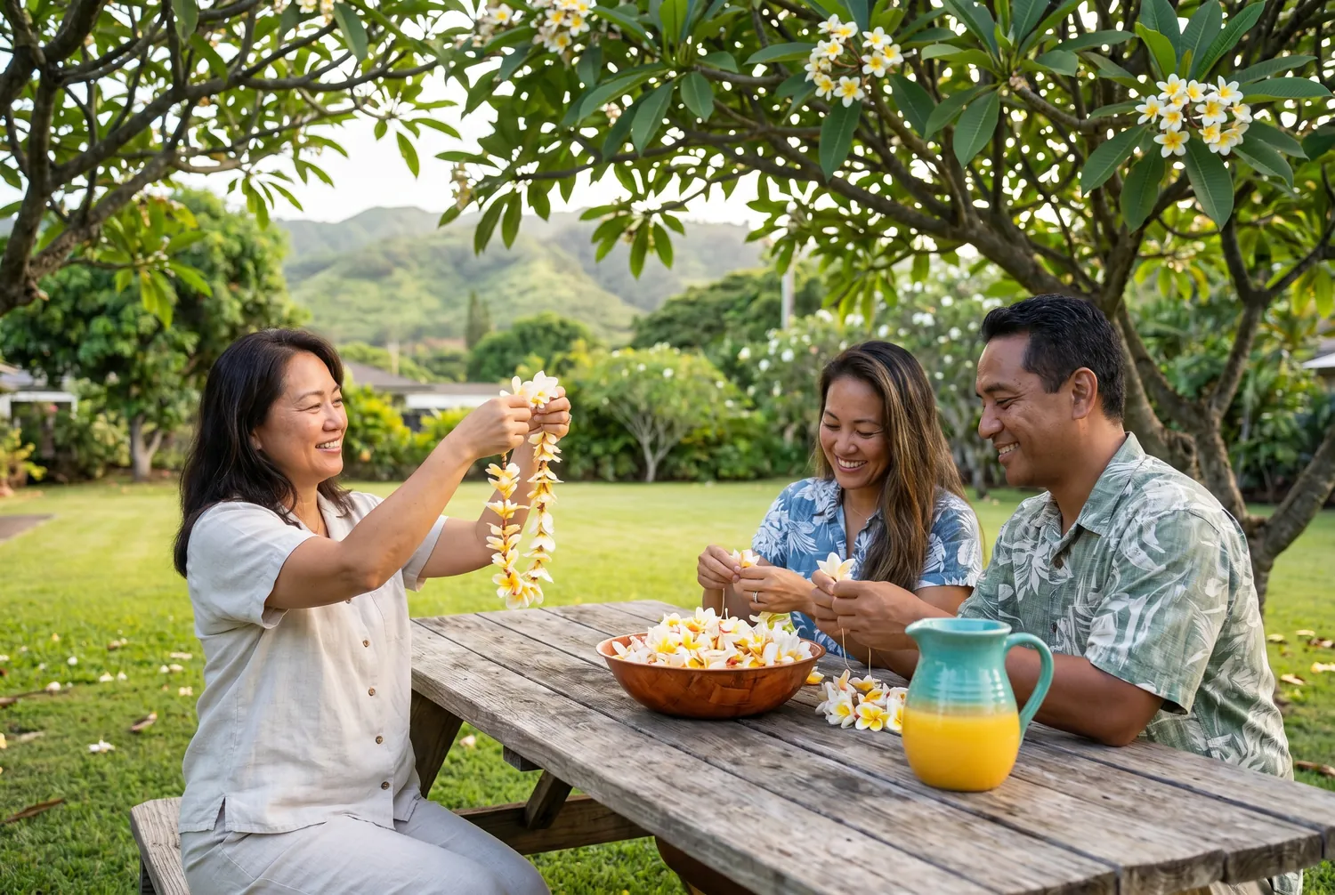 Stringing plumeria lei at a Pearl City backyard table Stringing plumeria lei at a Pearl City backyard table