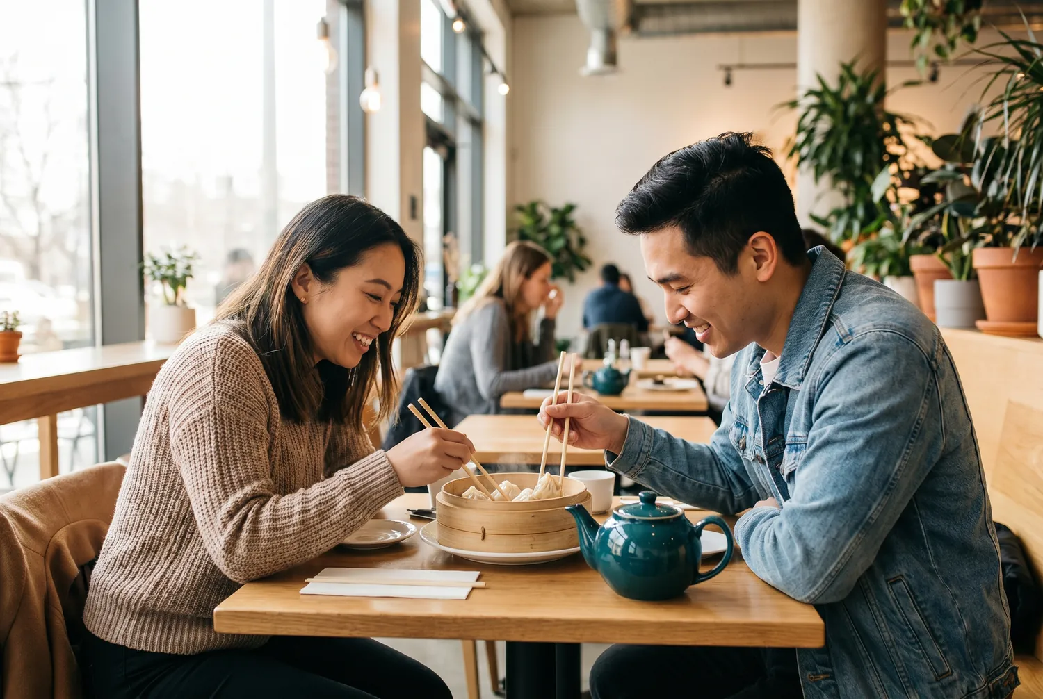 Two friends sharing dumplings at a bright Queens eatery Two friends sharing dumplings at a bright Queens eatery