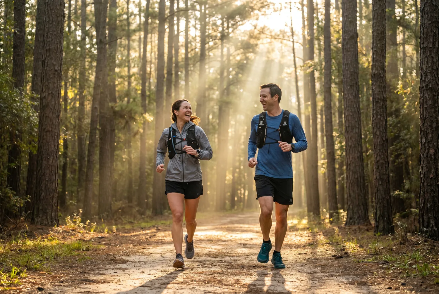 Two friends jogging a pine forest path in The Woodlands Two friends jogging a pine forest path in The Woodlands