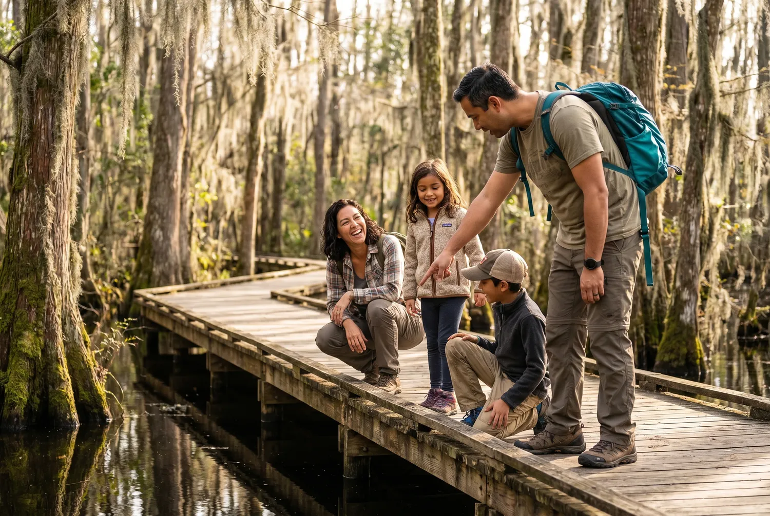 Family on the cypress lagoon boardwalk at First Landing State Park, Virginia Beach