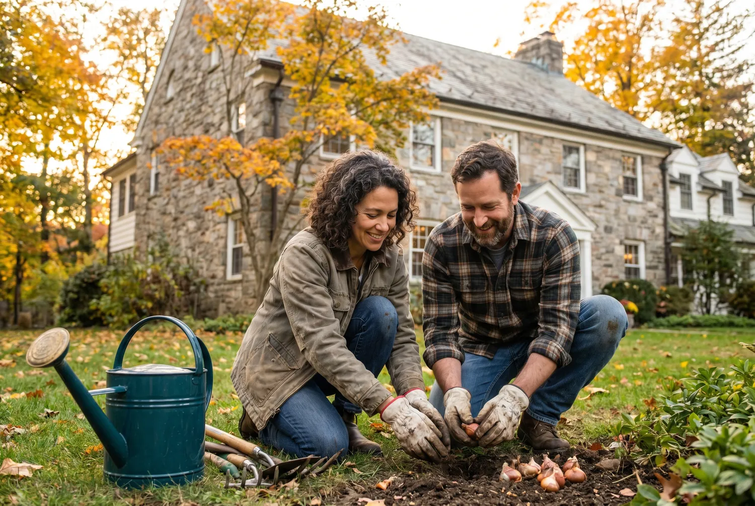 Couple gardening at a stone colonial home in Westchester