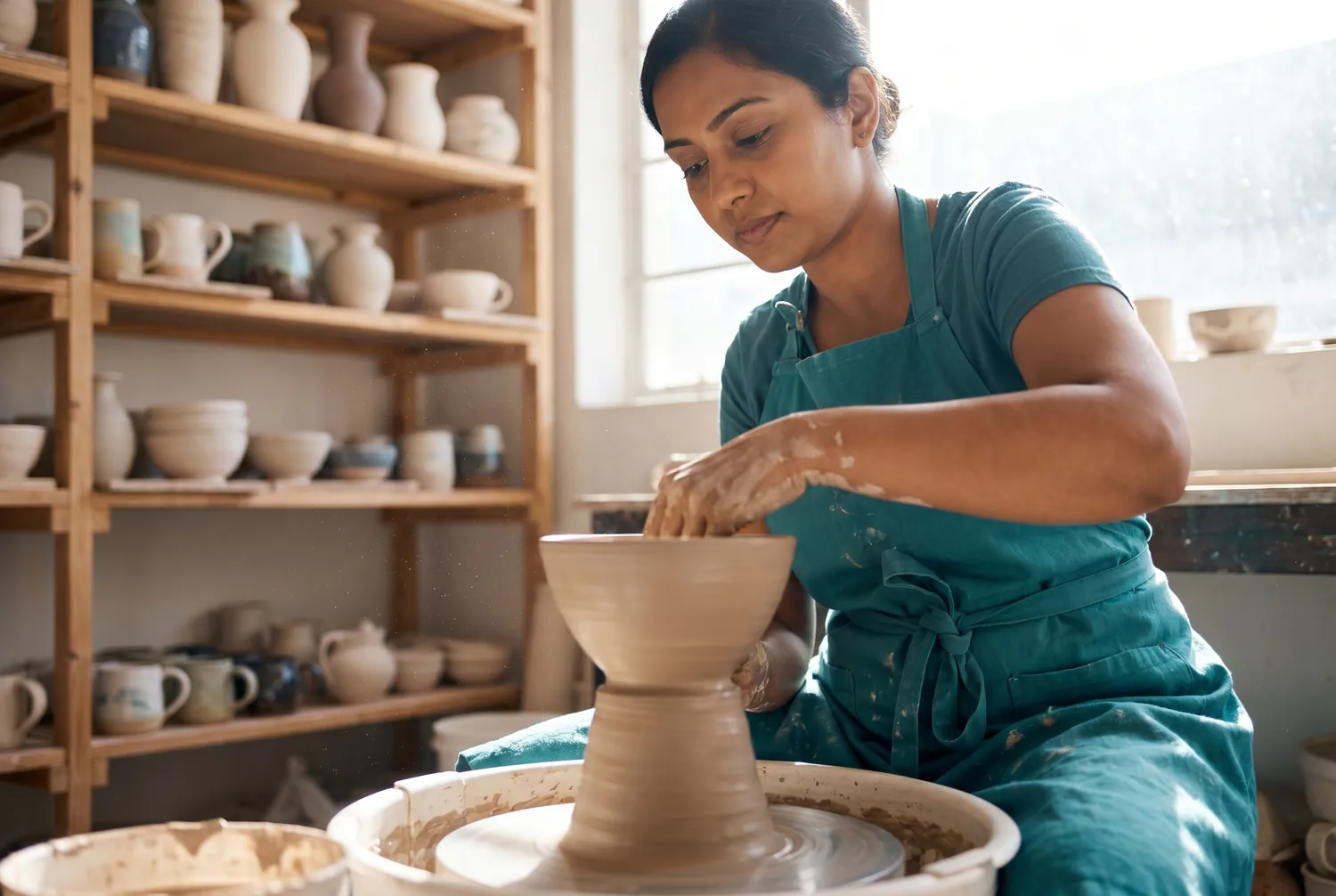 Woman shaping a bowl at a pottery wheel in a single teal apron, with pieces in different stages of completion on shelves behind her Woman shaping a bowl at a pottery wheel in a single teal apron, with pieces in different stages of completion on shelves behind her