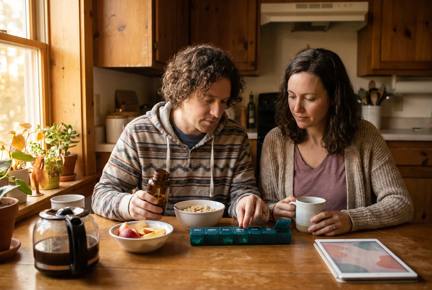 Filling a weekly pill organizer during an ordinary calm breakfast routine