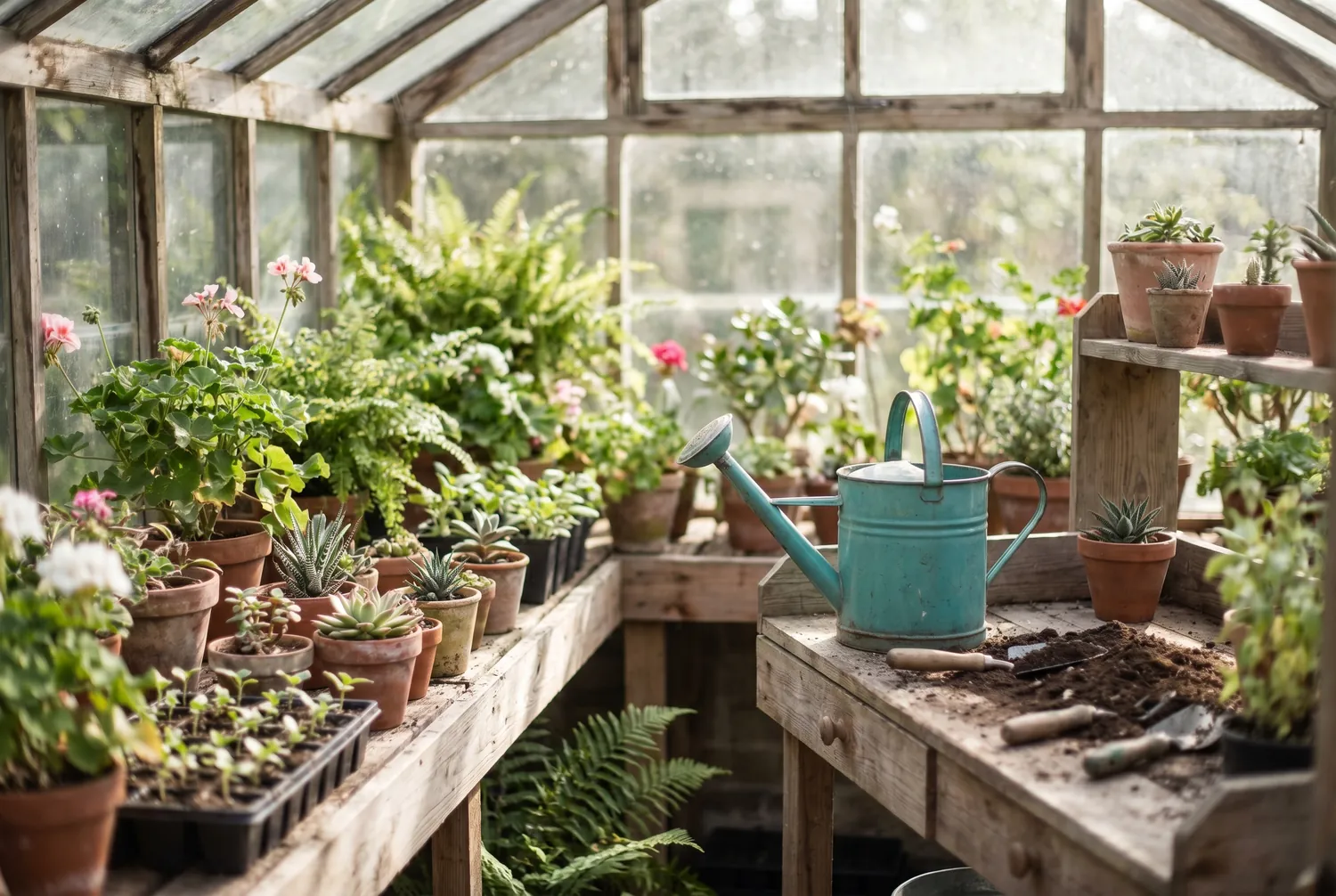 Sunlit greenhouse of varied plants with a teal watering can, a metaphor for treating many conditions