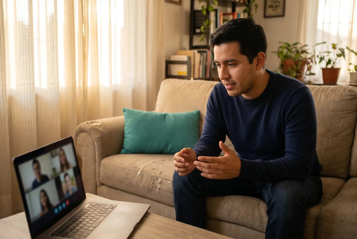 Man speaking during a telepsychiatry video appointment from his living room sofa