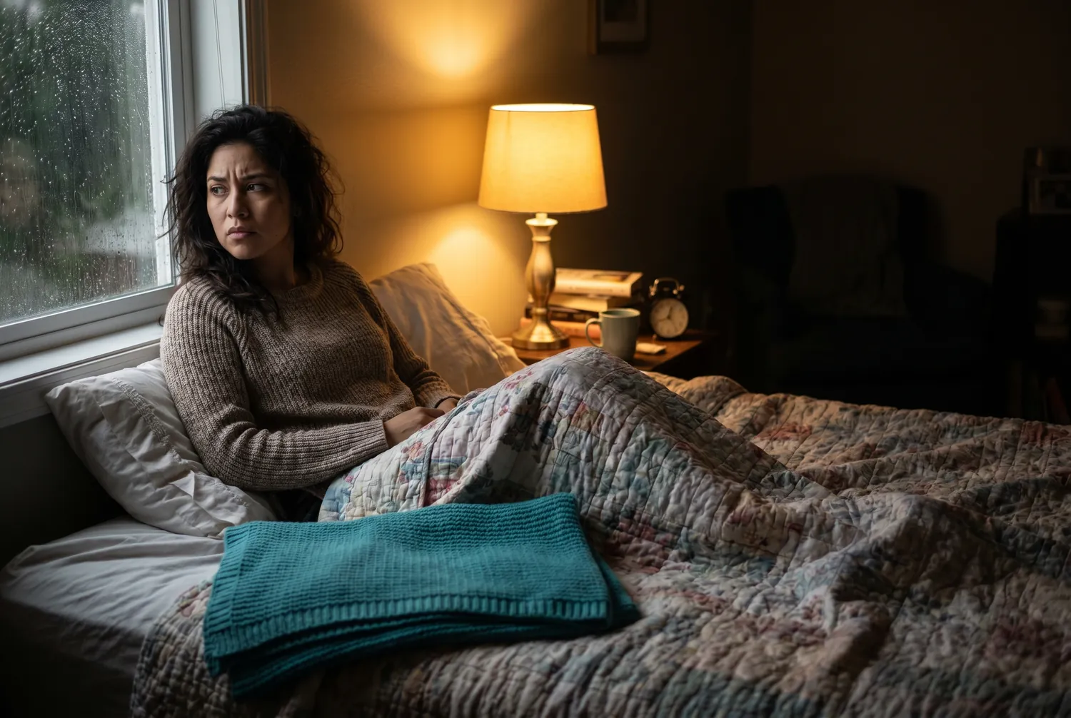 Woman awake in bed at night feeling anxious without a clear reason, a teal throw blanket at the foot of the bed Woman awake in bed at night feeling anxious without a clear reason, a teal throw blanket at the foot of the bed
