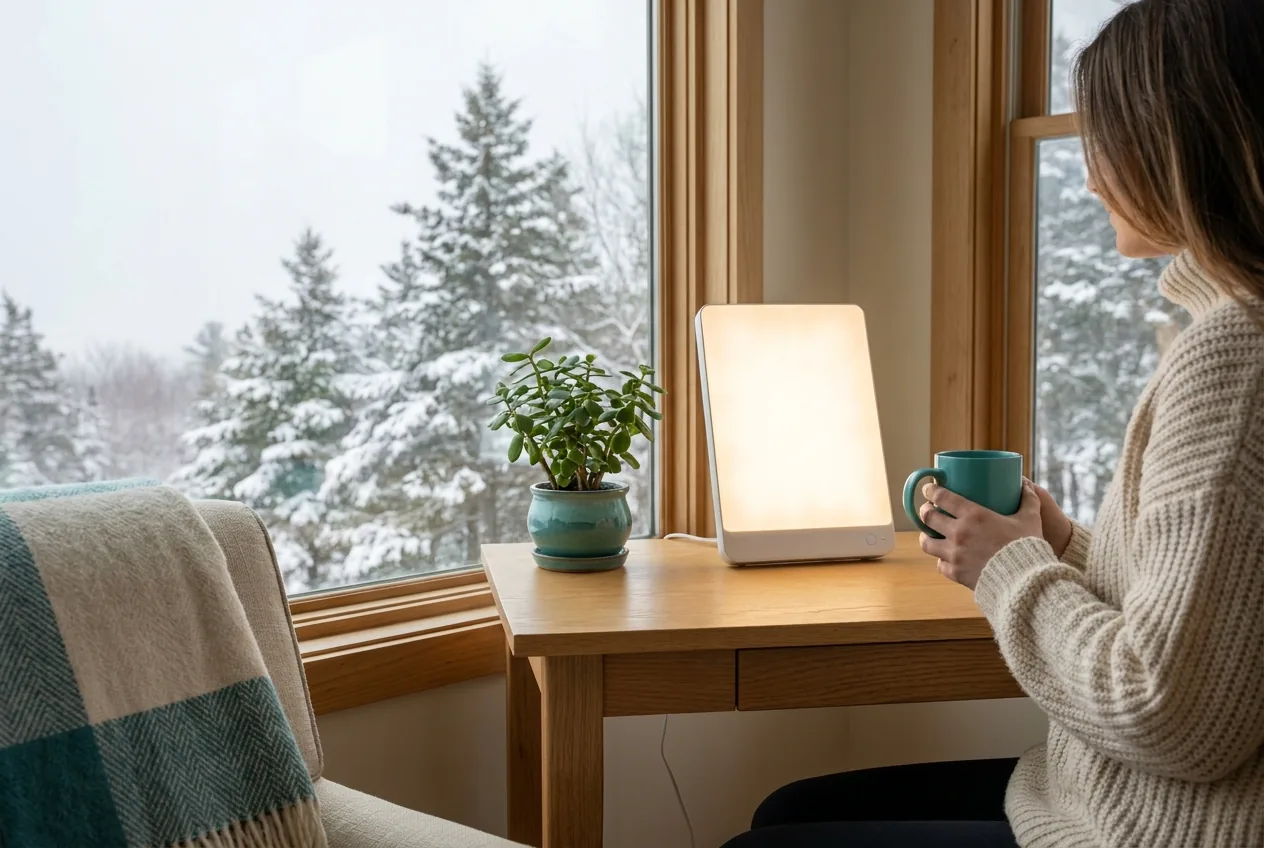 A calm adult by a Maine window using a bright light therapy lamp on a gray winter morning A calm adult by a Maine window using a bright light therapy lamp on a gray winter morning