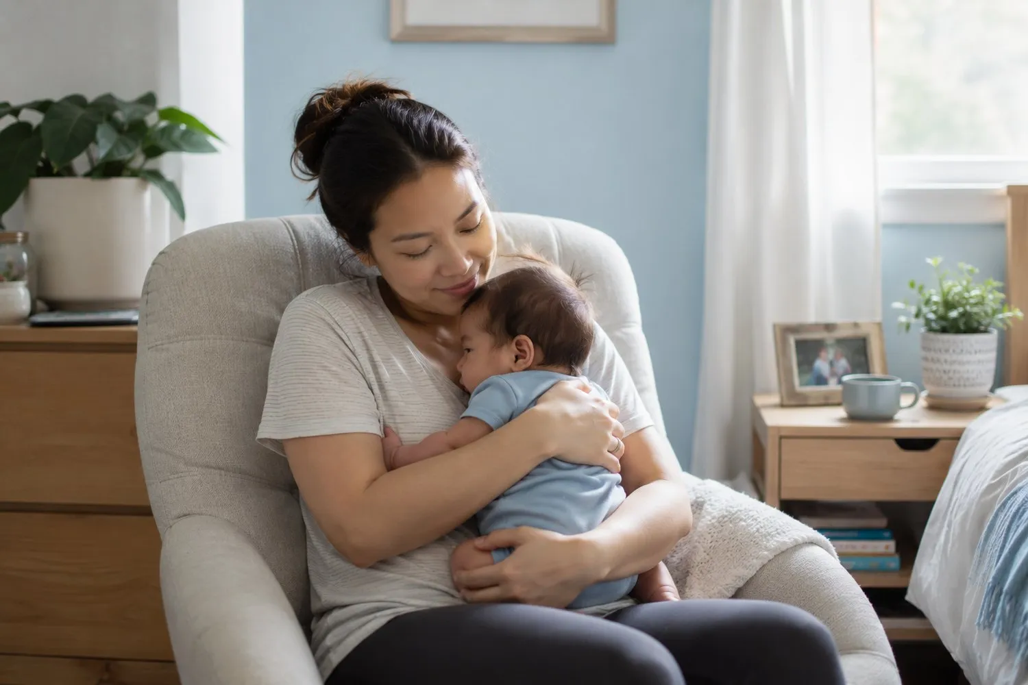 a mother holding her baby in soft natural light, calm and supported