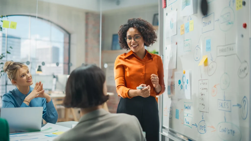 woman drawing on white board during a business meeting