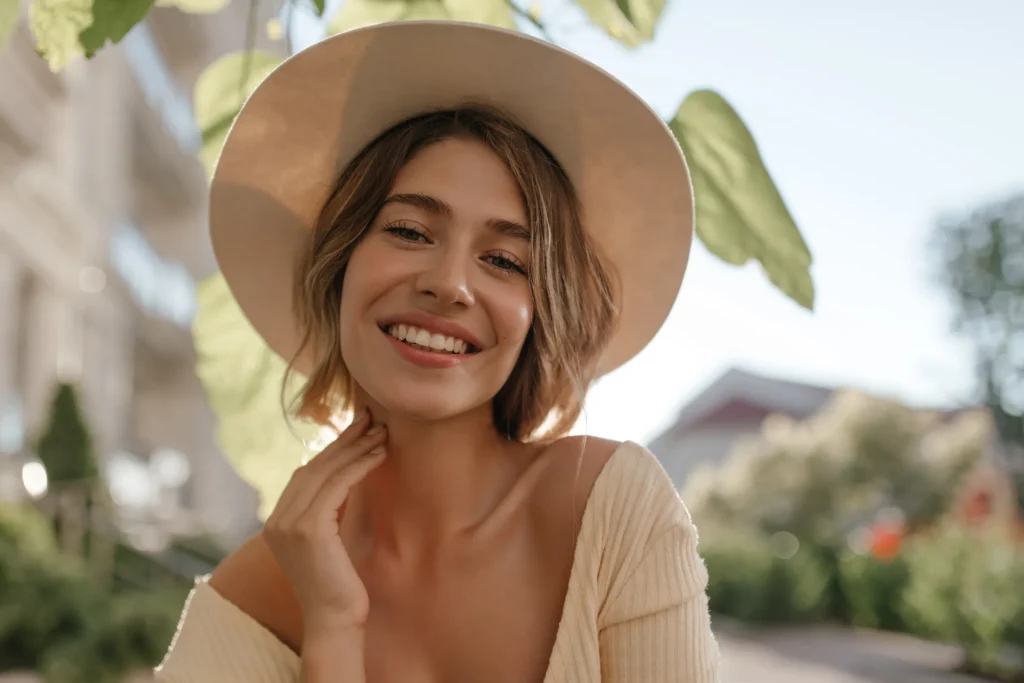 woman wearing a sun hat smiling outdoors