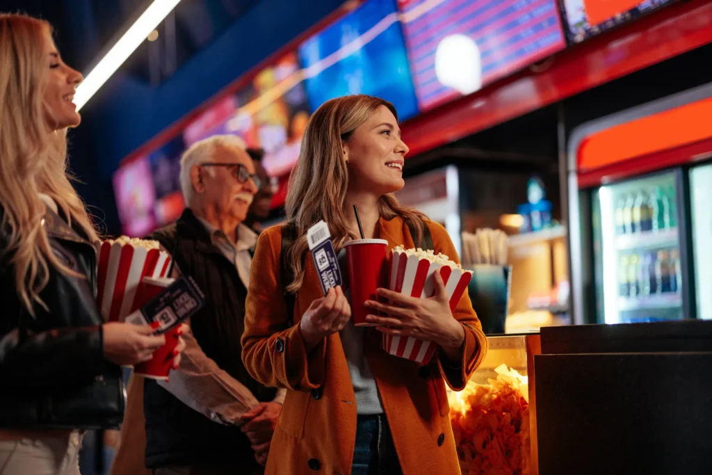 woman holding popcorn and soda at a movie theatre