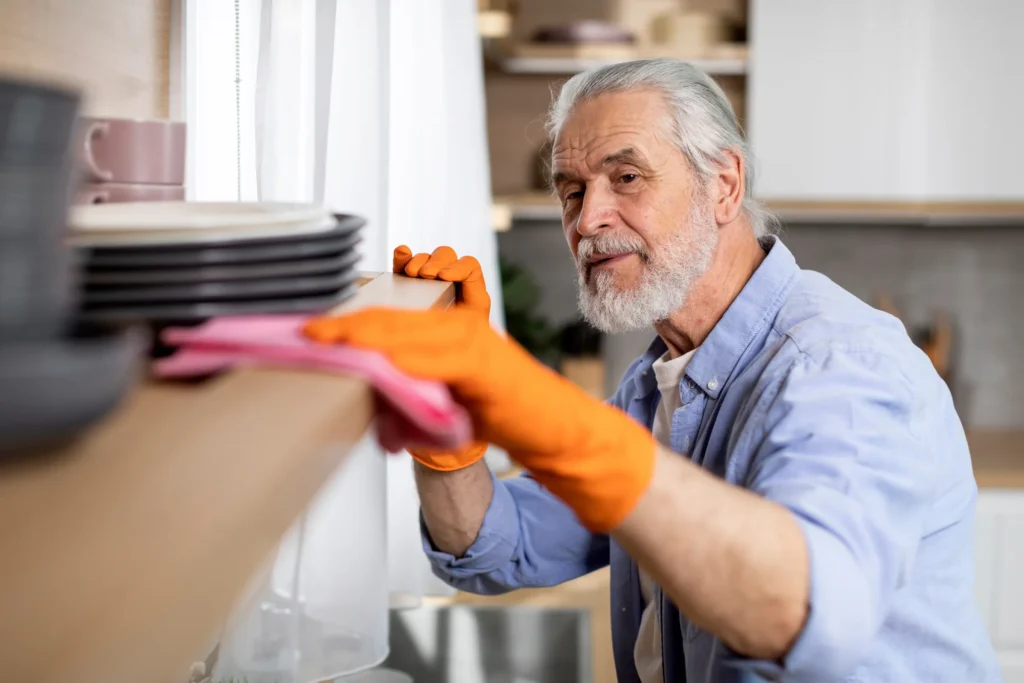 older man cleaning cabinet top