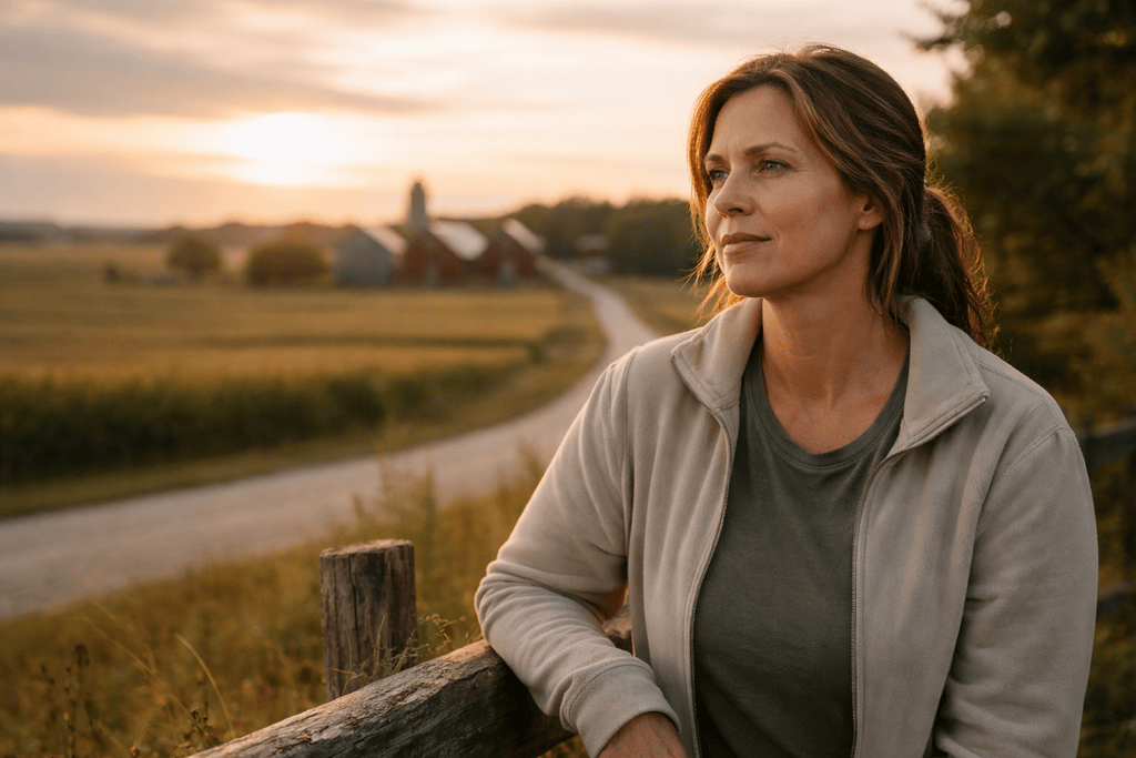 Woman standing outdoors in rural Nebraska at sunset with farmland in the background, representing calm reflection and access to mental health care through telepsychiatry