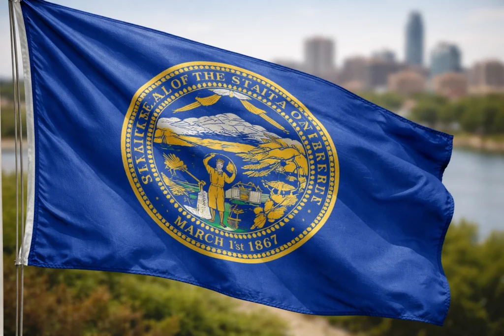 Nebraska state flag displayed over a rural landscape with farmland and a “The Good Life Nebraska” sign, representing statewide access to mental health care and telepsychiatry
